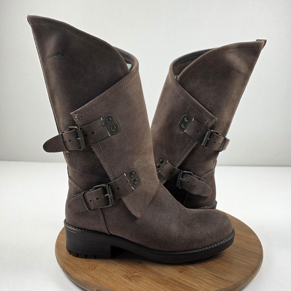 Coolway Alida Boots Womens Size 8 Brown Suede Mid Calf Biker Buckle Zip Spain